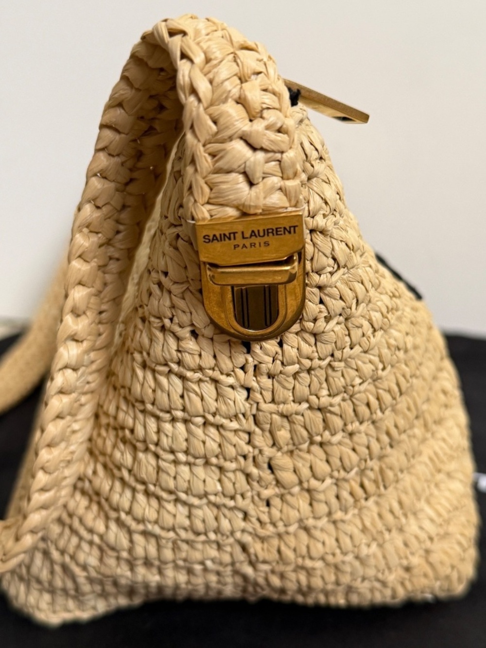 Saint Laurent YSL Le Rafia Beige Black Woven Embroidered Logo Zip Crossbody Bag - Picture 5 of 15